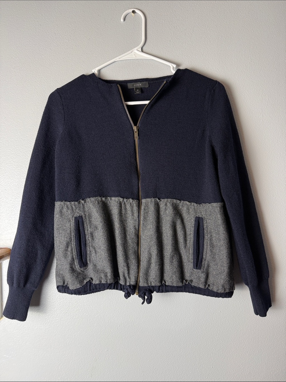 J. Crew Navy and Gray Two-Tone Zip Bomber Jacket 100% merino wool